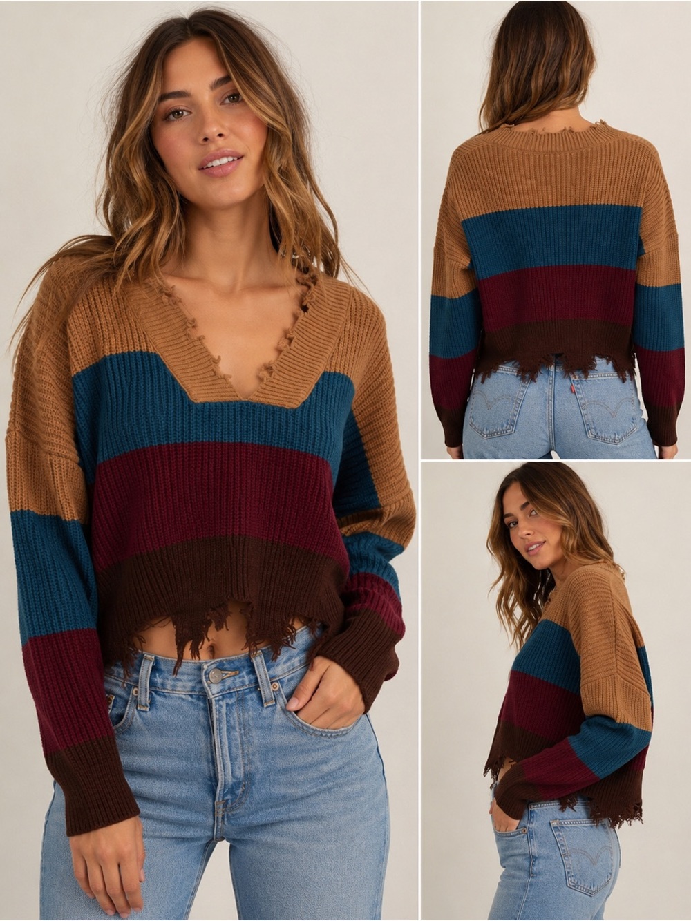 Love University Color Block Distressed V-Neck Sweater Size Medium